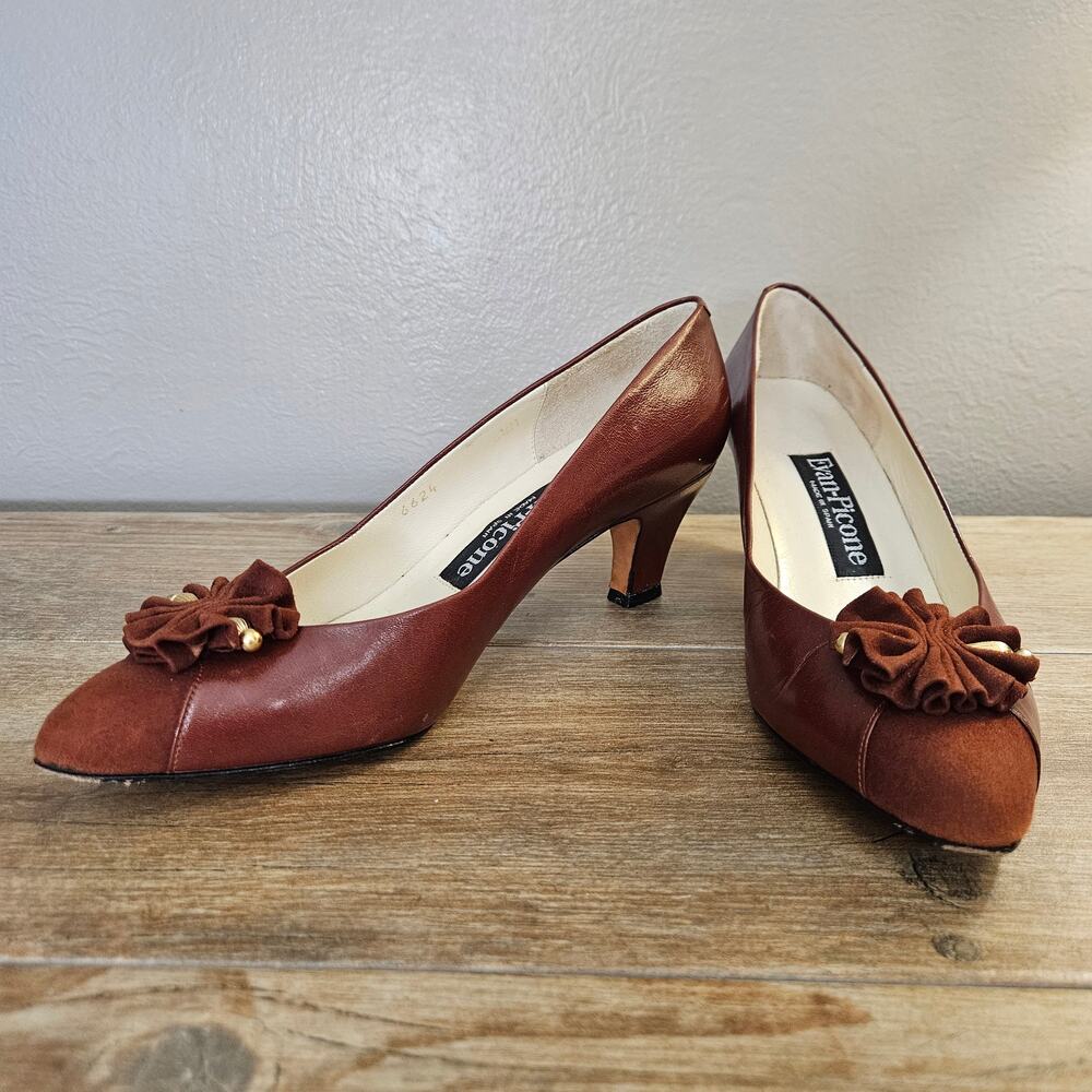 Vintage Evan-Picone Brown Leather/Suede Ruffle Bow KittenHeels 6.5M Coquette 80s